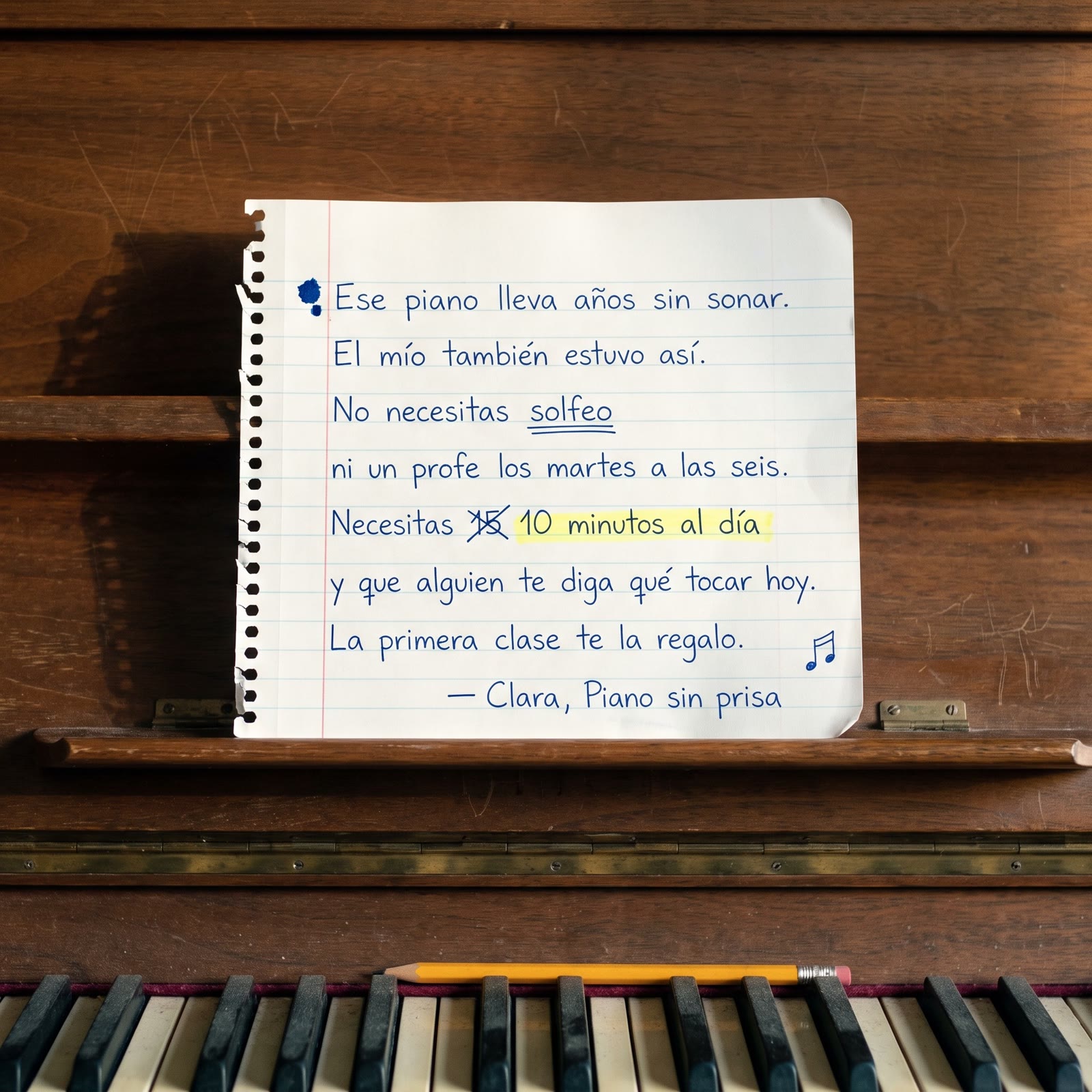 Anuncio de clases de piano: una nota escrita a mano sobre el atril de un piano antiguo.