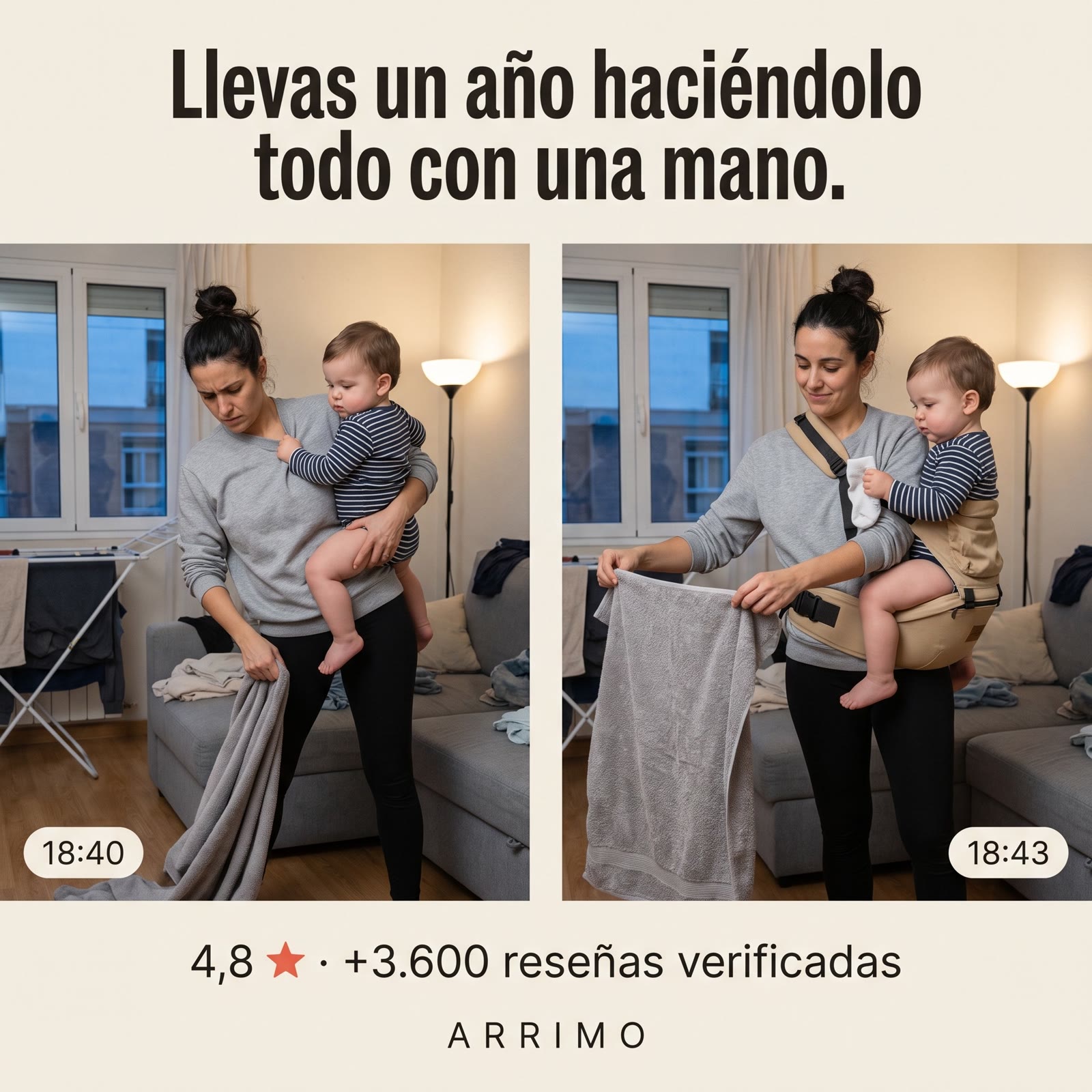 Anuncio de un asiento portabebés de cadera: antes y después de doblar la ropa con un bebé en brazos.