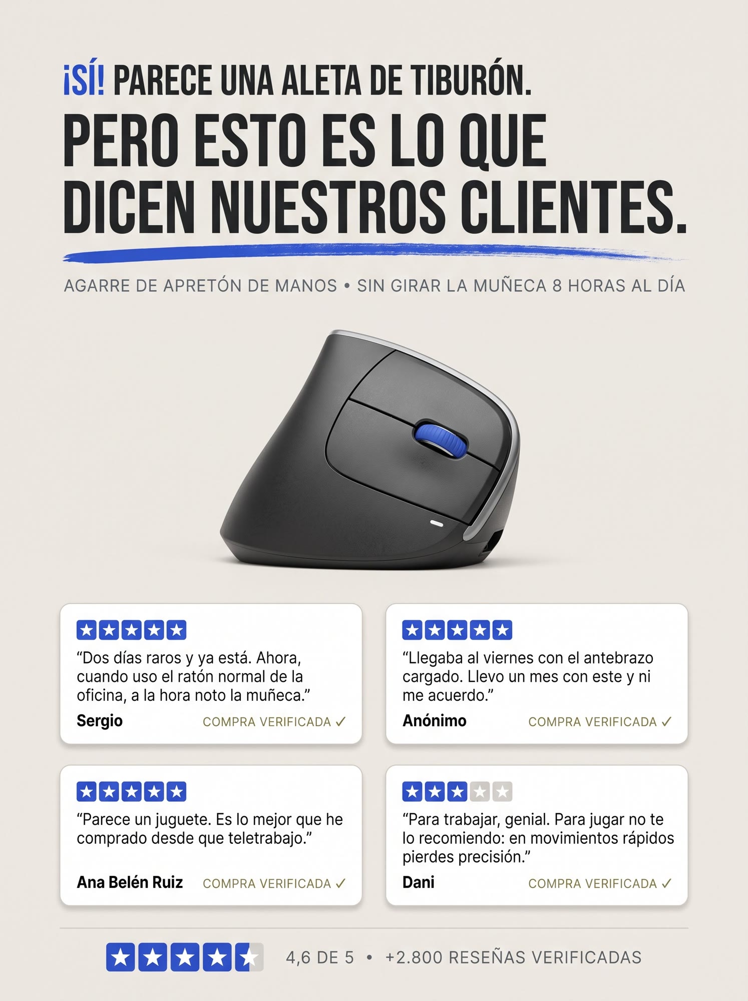 Anuncio de un ratón vertical con cuatro opiniones de clientes.